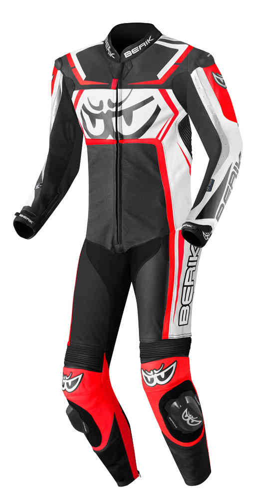 Berik Race-Tech One Piece Motorcycle Leather Suit showcasing full-grain cowhide leather and protective features.